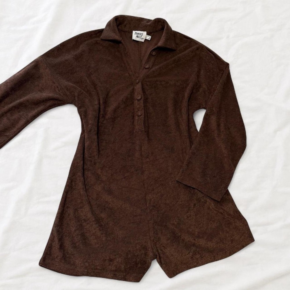 Princess Polly Brown Knit Long Sleeve Collared Romper Dark Academia Size 2